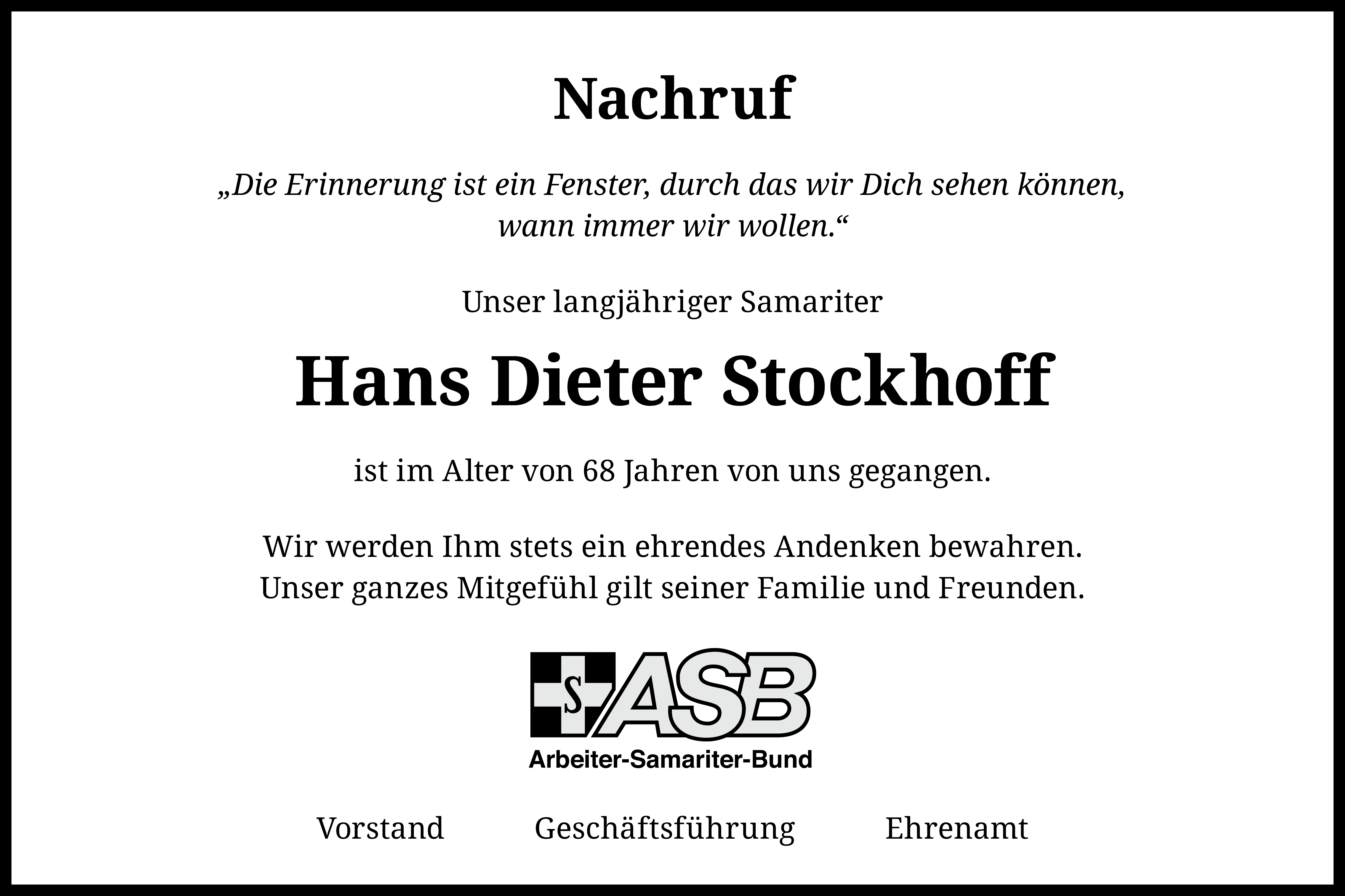 Trauer um Hans Dieter Stockhoff